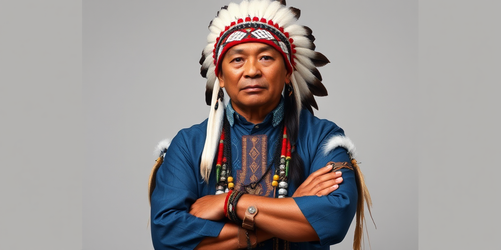 Create a dignified portrait of a Native American man dressed in traditional attire. He wears a beautifully crafted headdress adorned with white feathers and red beads, along with a beaded headband featuring intricate patterns. His clothing includes a deep blue, patterned shirt and a traditional chest piece with detailed beadwork. His arms are crossed, displaying leather armbands decorated with feathers. The background is simple and neutral, emphasizing his proud and stoic expression. The overall image captures the rich cultural heritage and strength of his persona.