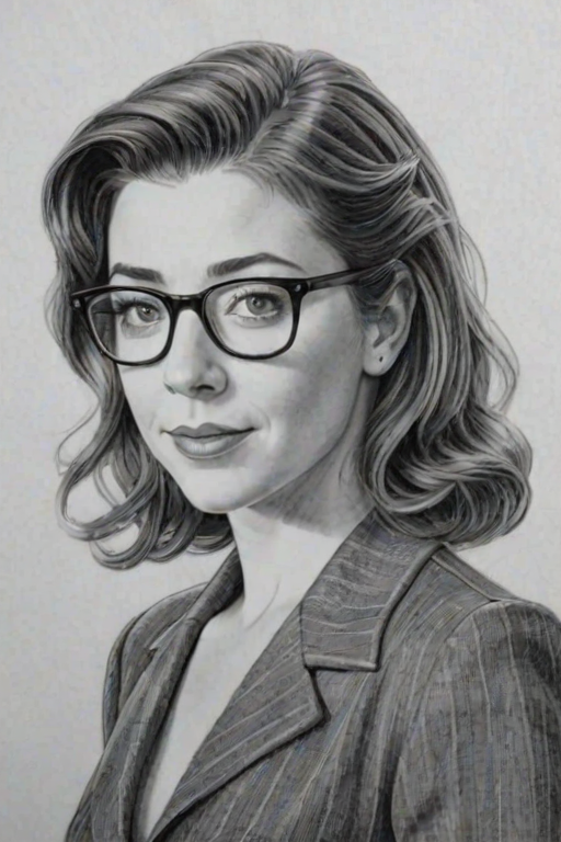 Captivating Alyson Hannigan, pencil sketch, portrait of Attractive woman 1940s in glasses, hair style beatnik, outline, clear lines, fine lines, 8k