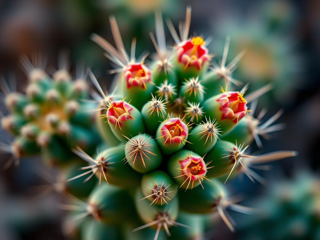 Generate a high-resolution image of a stylized cactus with a focus on sharp details and vibrant colors, using a Canon EOS R5 camera with a 50mm lens, f/2.8 aperture, ISO 100, aperture priority mode, soft diffused lighting, and a shallow depth of field.