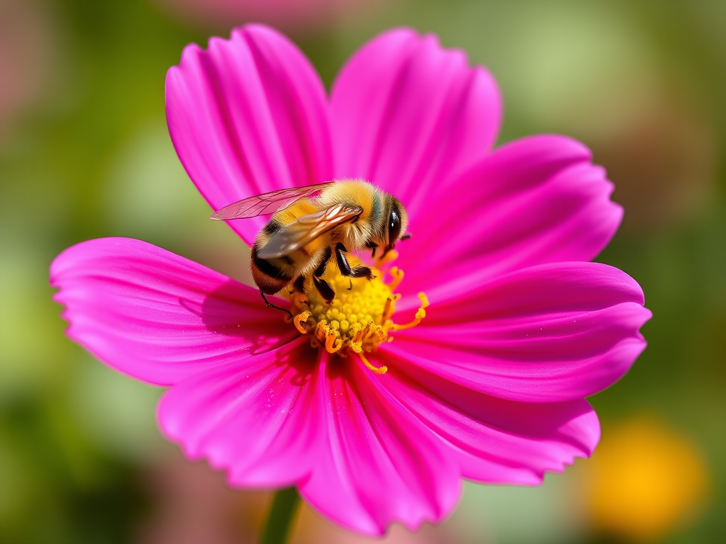 Close-up of a vibrant pink cosmos flower with a bee collecting pollen, shallow depth of field, soft bokeh background, taken with a Canon EOS R5, 85mm f/1.2 lens, ISO 100, shutter speed 1/200s, natural lighting, macro photography style.