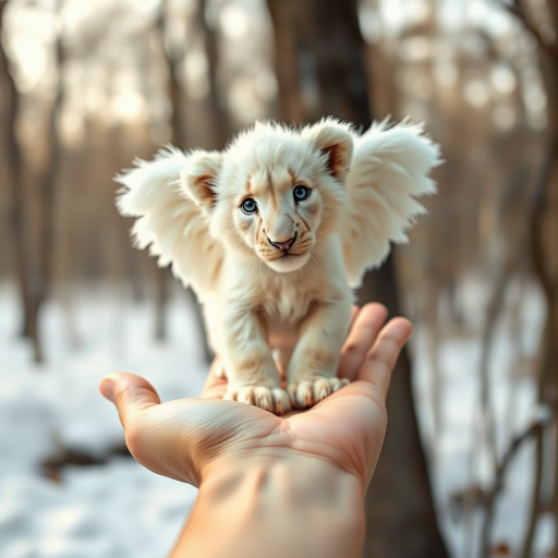 A small, white lion cub with angelic wings standing on a human hand. The cub has a soft, fluffy texture with detailed fur, expressive blue eyes, and a curious expression. The wings are large and feathery, blending seamlessly with its fur, giving an ethereal appearance. The background is a winter forest, with the ground covered in snow and blurred brown trees, creating a serene atmosphere. The human hand in the foreground is positioned palm-up, supporting the lion cub gently, fingers slightly curled. The lighting is soft and diffused, enhancing the tender and magical feel of the scene. Colors are predominantly neutral with white, cream, and soft browns, contrasting with the subtle blue of the lion cub's eyes. The overall composition is balanced, with the cub at the center, creating a focal point that draws the viewer's attention immediately.