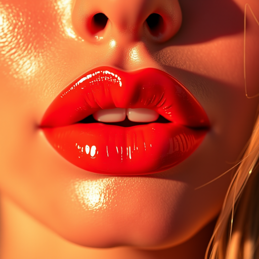 Vibrant coral sunset lips shine with glossy brilliance, accentuating plump contours and subtle ombre effect, exuding warmth and allure in high-resolution detail