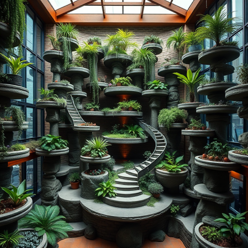 generate a hyper-realistic image of an intricate indoor vertical garden installation made of stacked circular stone platforms with lush greenery and ambient lighting captured with a Canon EOS R5 using an 18mm lens at f/4, ISO 200, with soft natural light and a wide-angle perspective to emphasize depth and detail in the composition.