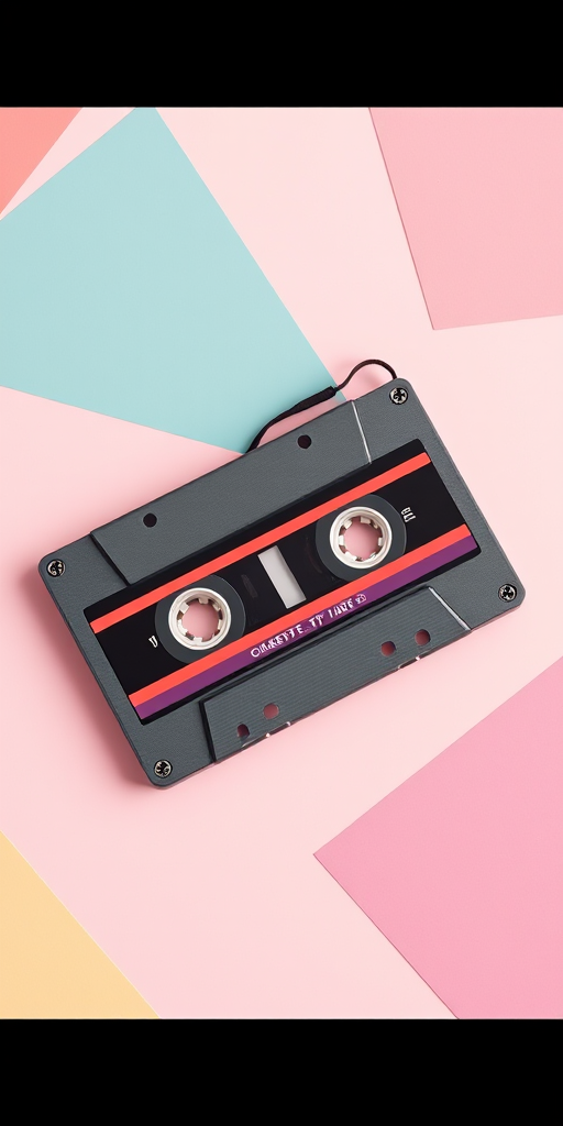generate a vector illustration of a retro cassette tape on a pastel background with geometric shapes, camera type: DSLR, camera view: top-down, aperture: f/8, shutter speed: 1/125s, ISO: 100, focal length: 50mm