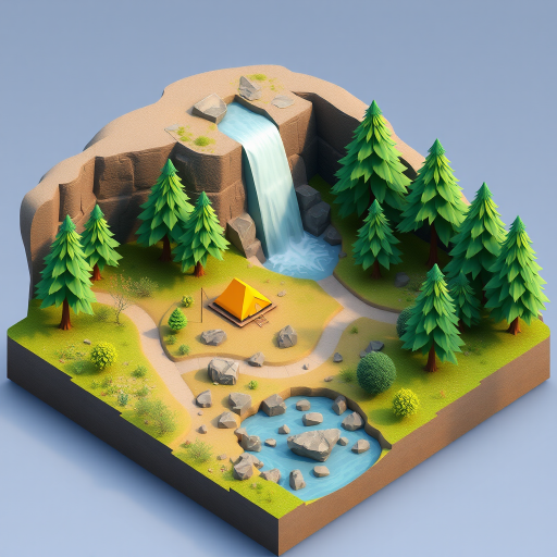 Create a highly detailed 3D isometric view of a low-poly landscape featuring a waterfall, various trees with geometric shapes, a camping area with a tent, scattered rocks, and a serene river, capturing vibrant colors and textures, using a wide-angle lens, at f/8 aperture, with soft natural lighting to highlight the scene.