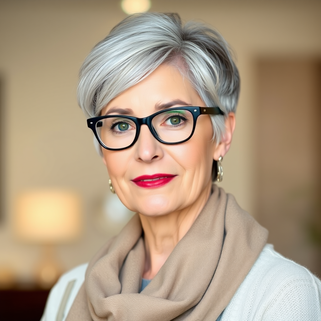 Portrait of a mature woman with short silver hair, styled in an asymmetrical pixie cut with side bangs. She wears black-framed glasses and a beige blouse with a white cardigan over it, as well as a bulky scarf in neutral tones. The woman is indoors with soft lighting and a blur in the background. Her expression is serene and confident, highlighting her elegance and modern style.