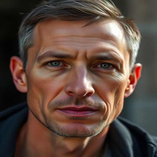 Generate a high-resolution portrait of a man with short hair, using a Canon EOS R5, 50mm lens, aperture f/1.8, ISO 100, natural lighting, capturing facial details in sharp focus.
