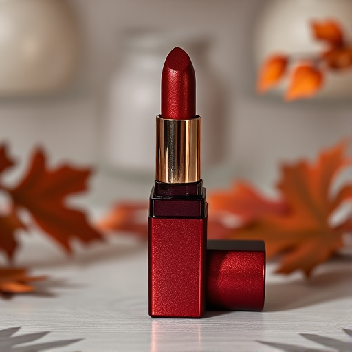 Rich burgundy liquid lipstick with metallic copper undertones, titled "Vintage Cabernet," providing full coverage and a luxurious satin finish, complementing autumn-inspired fashion