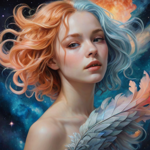 Create a series of imaginative portraits where each subject is infused with elements of fantasy and nature. The hair of the individuals should flow like clouds, varying from soft, fluffy cumulus to wispy cirrus strands, with hints of color reflecting a sunset or a clear blue sky. The eyes should be windows to entire galaxies, with stars, nebulae, and distant planets visible within them. Clothing should be adorned with nature motifs, such as floral patterns that bloom and change, vines that seem to grow and wrap around, or feathers that shimmer with iridescence. Each portrait should capture a unique personality, blending human features with the ethereal beauty of the natural and cosmic world. The backgrounds can vary, from starry night skies to enchanted forests, adding depth and context to the magical realism of the portraits
