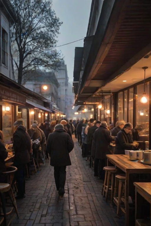 Busy cafe at dawn, with customers lining up for their morning coffee, the smell of freshly brewed espresso filling the air.