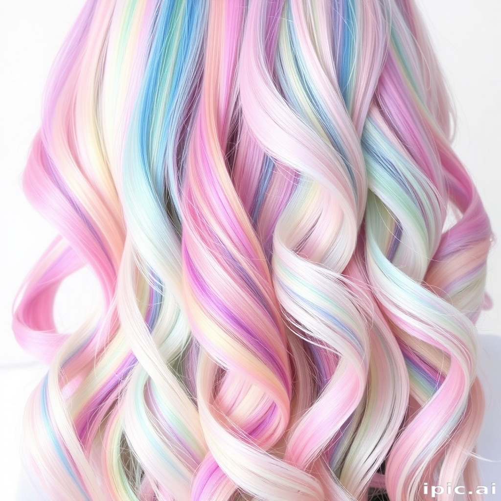 Whimsical pastel rainbow hair featuring soft waves and strategically placed color blocks, creating a dreamy watercolor effect in the playful "Unicorn's Mane" style
