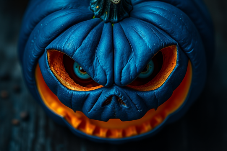 Create a menacing blue pumpkin with sharp eyes and a sinister grin, captured with a DSLR camera at f/2.8, ISO 100, 50mm lens, top-down view, high contrast lighting, and vibrant colors.