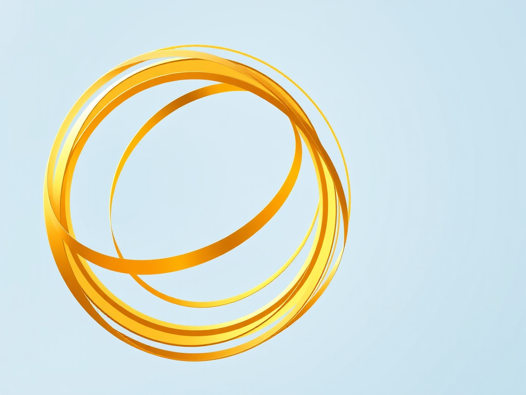 Create a high-resolution illustration of a golden circular object with curved, overlapping lines in a soft blue background, using a DSLR camera type, aperture f/8, ISO 100, and a macro lens for detail enhancement.