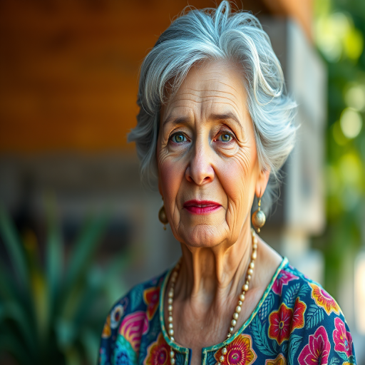 Generate a hyper-realistic portrait of an older woman with gray hair wearing a colorful dress, with soft natural lighting, shallow depth of field, 85mm lens, f/1.8 aperture, ISO 100, high-resolution image capturing fine details.