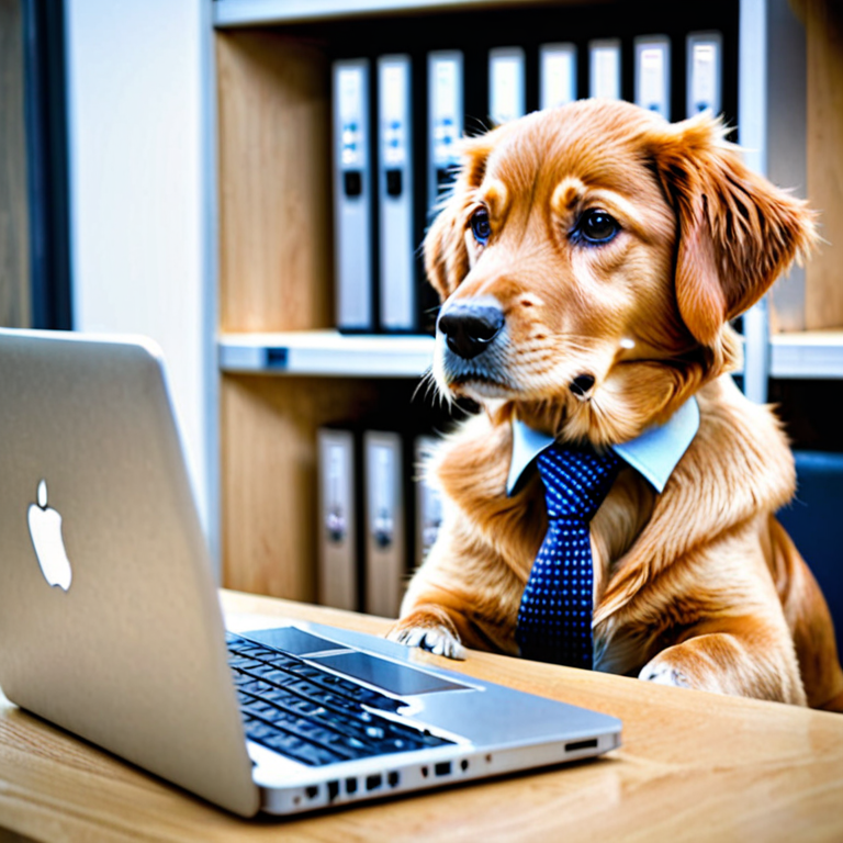 Hovawart dog with tie, MacBook Pro, datacenter, servers