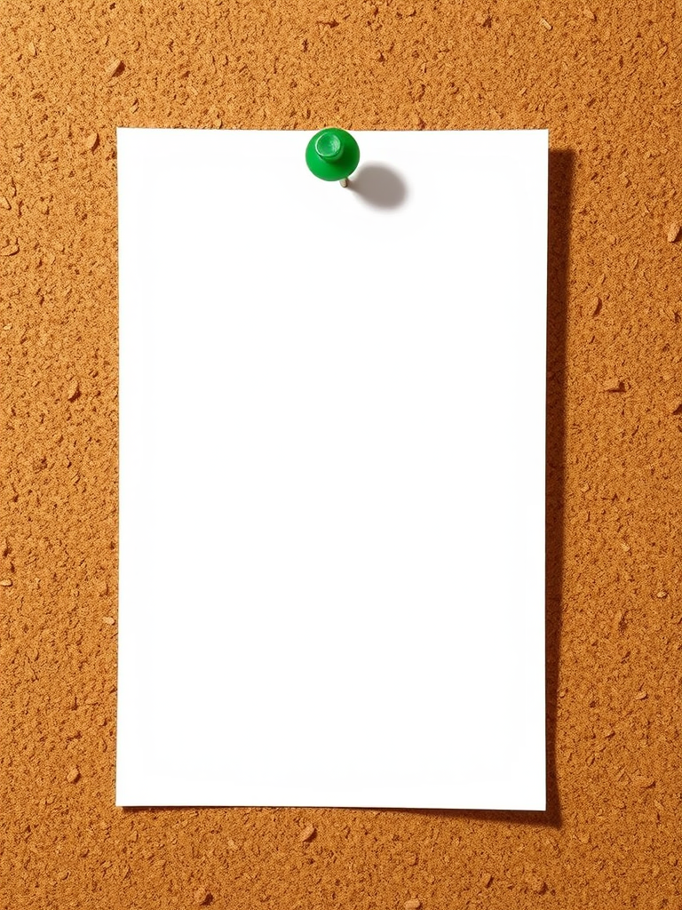 Create a detailed illustration of a blank sheet of paper pinned with a green pushpin on a corkboard, using a DSLR camera with a 50mm lens, aperture set to f/2.8, ISO 100, and natural lighting to enhance image quality and capture fine details.