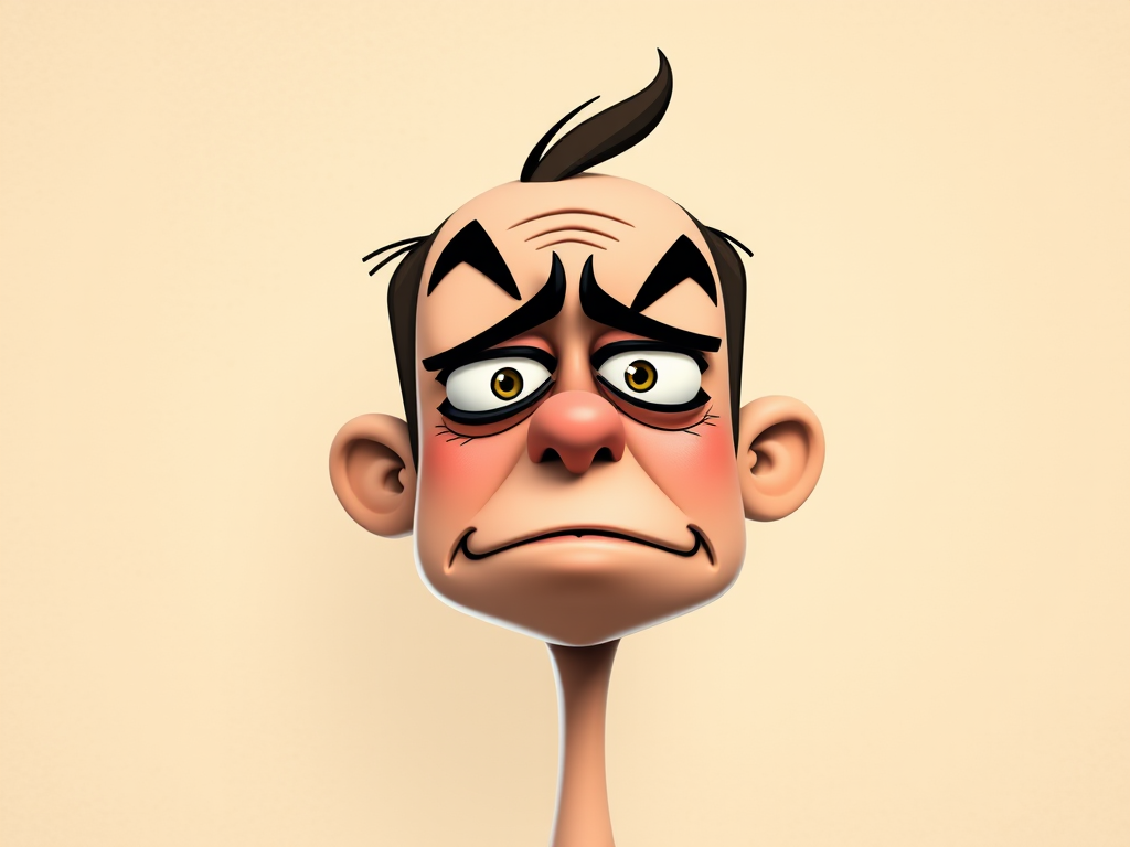 Create an illustrated character of a cartoon face with exaggerated features expressing frustration, using a textured beige background, shot with a DSLR camera at f/4 aperture, 50mm lens, natural lighting, and a shallow depth of field for enhanced focus.
