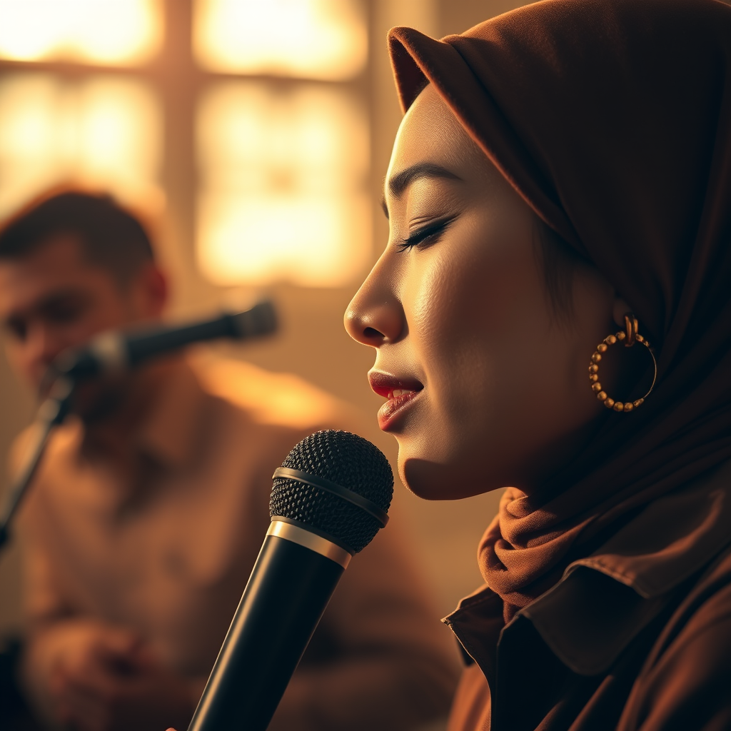 A close-up portrait of a asian woman with her eyes closed, singing into a microphone, positioned on the right side of the frame, facing the viewer. She is wearing a brown headscarf, gold earrings, and a brown blouse, and is bathed in warm, golden light emanating from the windows behind her. A blurred figure of a man singing into a microphone is visible in the background. The scene has a sense of calm and spirituality.