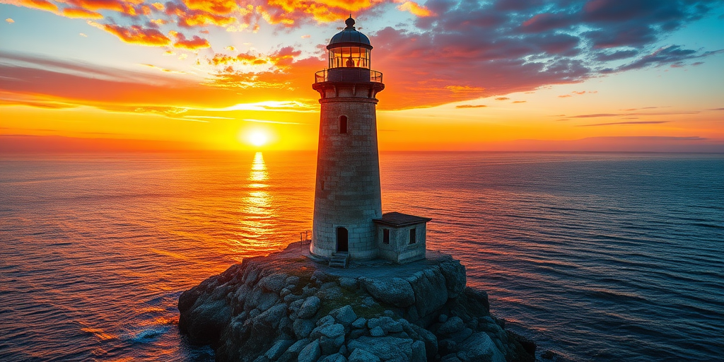 Generate an image of a tall lighthouse perched on a rocky outcrop surrounded by calm ocean waters during a breathtaking sunset. The lighthouse stands sturdy and weathered, its stone surface illuminated by the warm golden light of the setting sun. The sun's rays pass directly through the glass lantern room at the top of the lighthouse, casting a brilliant light across the scene. The sky is painted with vibrant shades of orange, pink, and purple, reflecting off the tranquil sea. The surrounding water shimmers with the same warm hues, creating a serene and majestic atmosphere.