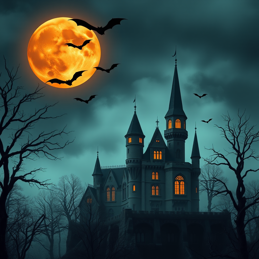 Create a digitally painted fantasy scene of a haunted castle at night with a large orange moon and bats flying, surrounded by spooky trees illuminated by glowing windows, use a Canon EOS R5 with a 50mm lens, aperture f/1.8, ISO 100, and a soft focus effect for a dreamlike atmosphere.