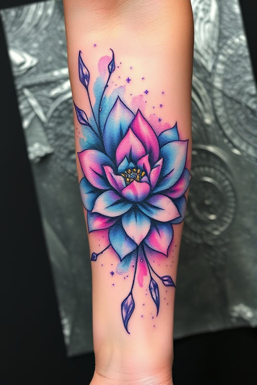 Vibrant watercolor tattoo named "Celestial Bloom" featuring a galaxy-inspired flower with swirling nebula petals and stardust accents spreading across the forearm in a mesmerizing burst of blues purples and pinks