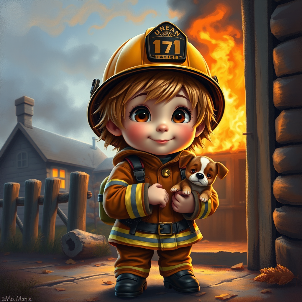 airbrushed oil painting, pixar style, cute little girl in fireman gear, helmet, tousled hair, expressive eyes, standing in the doorstep of a cottage burning behind him, holding a cute little dog in her arm, atumn sky