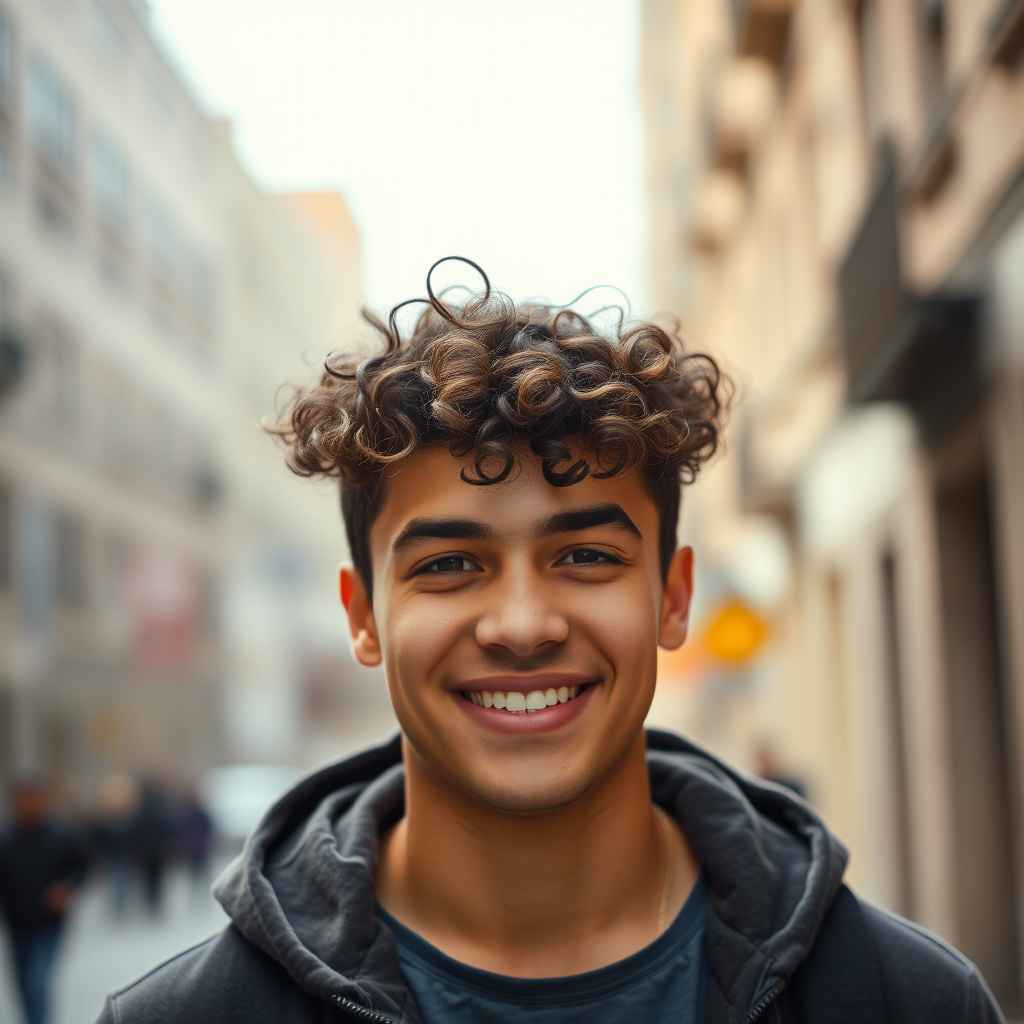 Portrait of a young man with curly hair and a warm smile, shot with a DSLR camera at 85mm focal length, aperture of f/1.8, ISO 100, shallow depth of field to create a soft background blur, natural light, in an urban street setting.