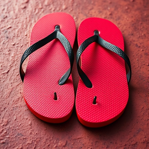 Create a hyper-realistic image of a pair of flip flops with a textured surface in vibrant red and black colors, using a DSLR camera with a 50mm lens at f/1.8, 1/125 sec shutter speed, and ISO 100, captured from a high-angle view with soft natural lighting to enhance the details and colors.