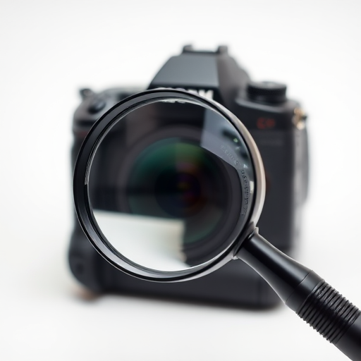 Create a high-resolution image of a magnifying glass with a slight shadow effect, using a DSLR camera at f/2.8 aperture, 1/100s shutter speed, ISO 100, focused on the glass to enhance reflections, shot in a light studio setting.