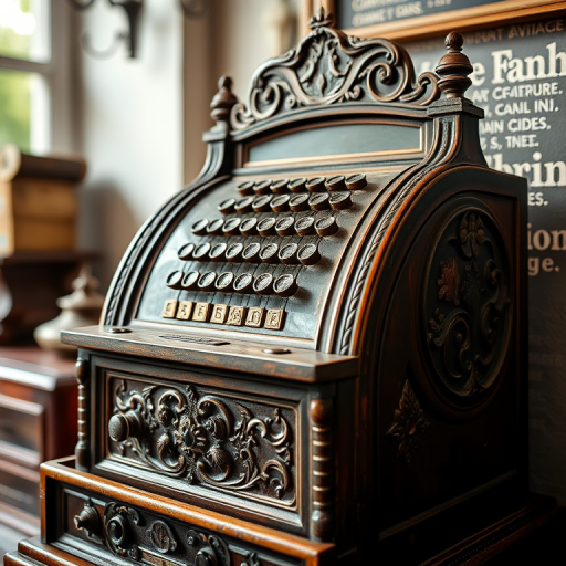 Create a high-resolution image of an antique cash register, showcasing intricate details and textures, taken with a DSLR camera using a 50mm lens, aperture set to f/1.8, ISO 100, with natural lighting and a shallow depth of field to enhance the subject against a blurred background.