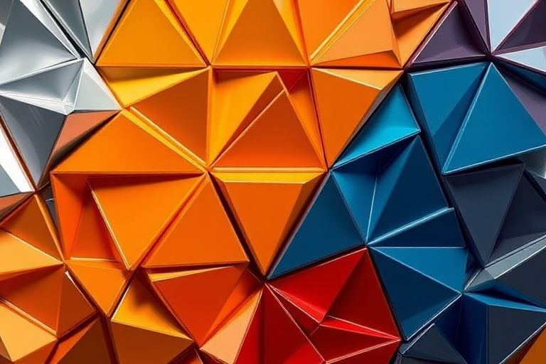 Create a high-resolution image of interlocking triangular shapes in various colors including silver, orange, yellow, red, and blue, with a focus on 3D depth and reflections, shot with a DSLR camera at f/8 aperture, ISO 100, 24mm lens, in an overhead view with soft natural lighting.