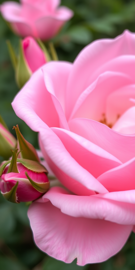 Close-up of a blooming pink rose with soft petals and surrounding buds on a lush green background, shot with a DSLR camera at f/2.8 aperture, 1/200 sec shutter speed, ISO 100, natural light, using a macro lens for enhanced detail and clarity.