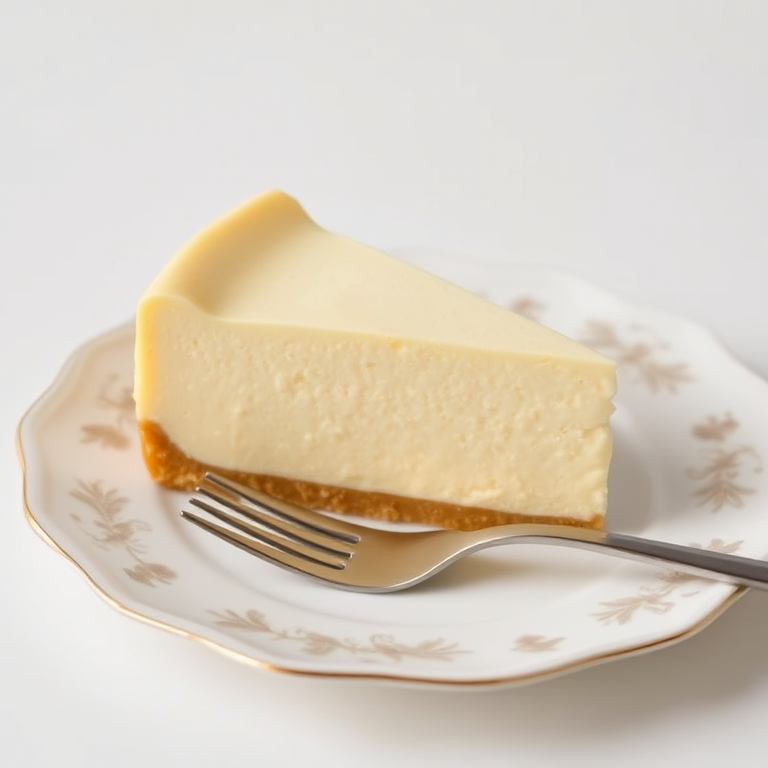 A slice of creamy cheesecake on a decorative white plate with a fork beside it, set against a light background, showcasing the smooth texture and golden edges of the cheesecake.