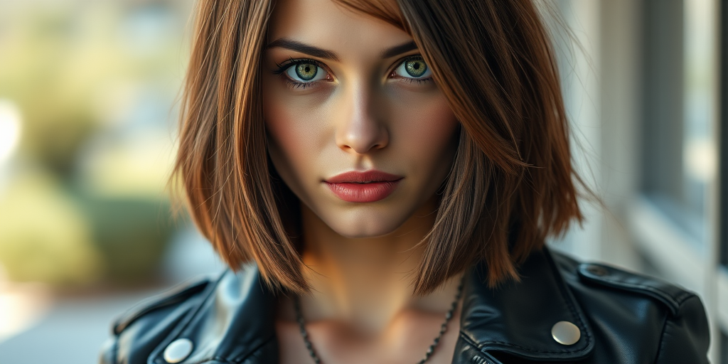 regenerate an image of a young woman with shoulder-length brown hair and striking green eyes, wearing a black leather jacket and a necklace, soft natural lighting, portrait shot, 50mm lens, f/1.8 aperture, ISO 100, with a shallow depth of field to blur the background and emphasize the subject's beauty