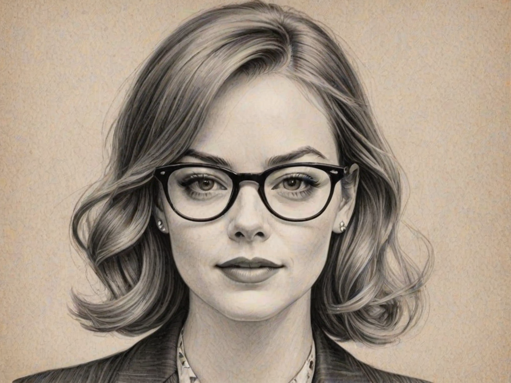 Wonderful Emma Stone, pencil sketch, portrait of Resplendent woman 1950s in glasses, hair style beatnik, outline, clear lines, fine lines, 8k