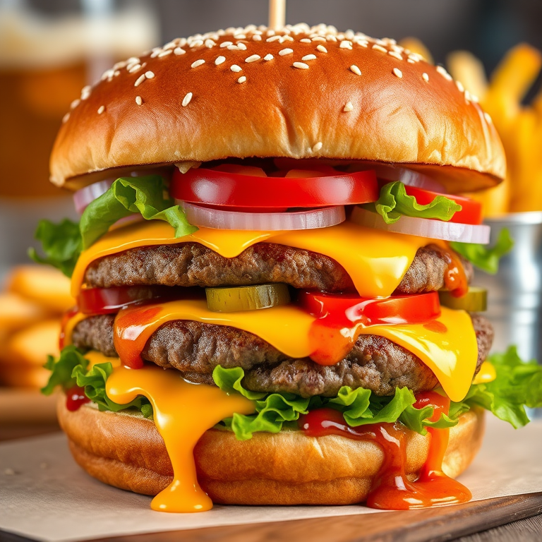 High-resolution, close-up image of a gourmet double cheeseburger. The burger features a glossy, sesame-seed-topped brioche bun. Inside, there are two thick, juicy beef patties, each topped with melted cheddar cheese. The burger is garnished with fresh lettuce, tomato slices, diced onions, and pickles. A generous amount of ketchup and a creamy, orange-colored sauce is dripping down the sides, adding to the mouth-watering appeal. In the background, there are blurred elements including a side of golden French fries and a hint of a beverage, enhancing the overall presentation of a delicious meal.