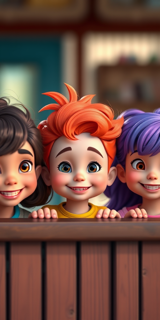 Create an image of five diverse cartoon children with colorful hairstyles, smiling and peeking over a bar, in bright, vibrant colors, using a Canon EOS R5, 50mm lens, f/1.8 aperture, ISO 100, in natural lighting, with a shallow depth of field for enhanced focus on the characters.