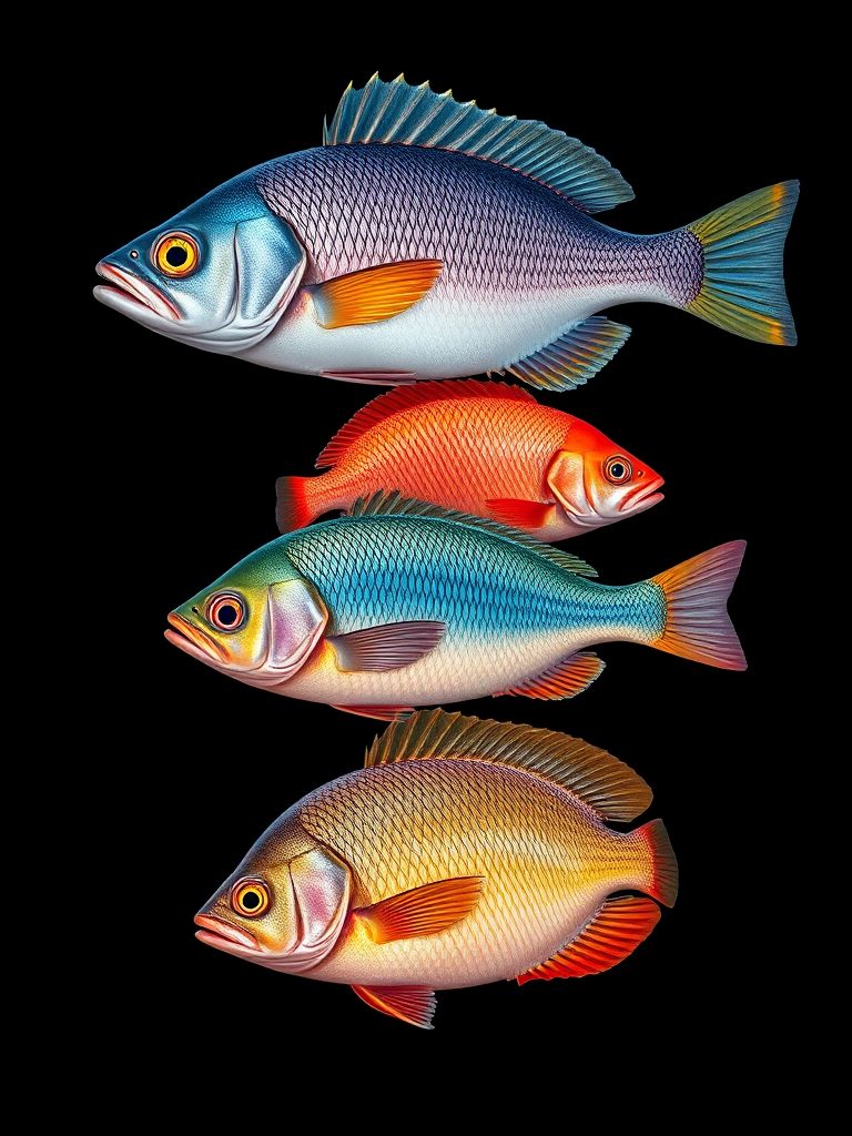 highly detailed illustration of three different types of fish arranged vertically, vibrant colors and textures, black background, shot with a Canon EOS R5, 100mm macro lens, f/8 aperture, ISO 100, soft lighting for enhanced detail and clarity