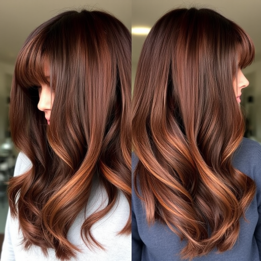 Rich chocolate brown hair with caramel highlights, styled in sleek curtain bangs and long layers, the Mocha Cascade style radiates warmth and depth