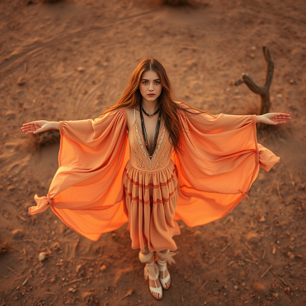 Desert setting, bohemian model, flowy dresses, earthy tones, rustic sunset effect,  equipped with a 12mm lens to capture an overhead view of the model, emphasizing symmetry and spatial positioning