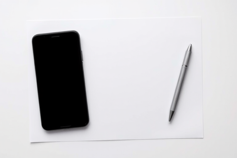flat lay photography of a blank white sheet of paper with a smartphone and a silver pen, soft natural lighting, aperture f/2.8, shutter speed 1/125s, ISO 100, taken with a DSLR camera, top-down view, vignetting for contrast