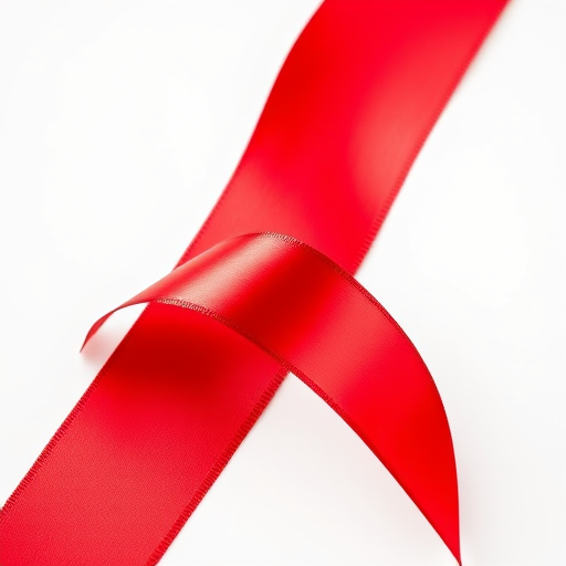 Create a high-resolution image of a crimson ribbon with elegant curved edges, using a DSLR camera at f/2.8 aperture, ISO 100, 50mm lens, with a soft-focused background to enhance the ribbon's texture and color.