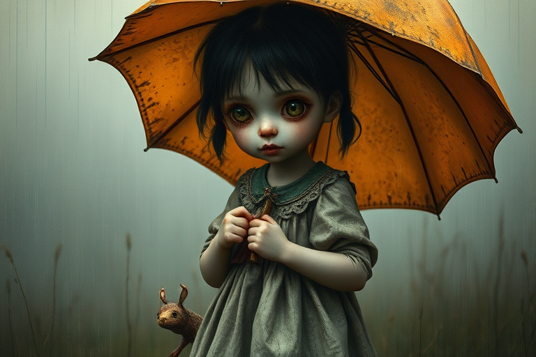 An eerie, weird little girl with dark hair in thin pigtails, wearing a smock dress, standing in the rain, holding a dirty orange umbrella, a small, odd creature beside her. In a surreal style inspired by Nicoletta Ceccoli and Brian Froud. Dark fantasy themes