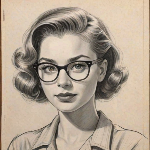 Dazzling Morgan Saylor, pencil sketch, portrait of Appealing woman 1951s in glasses, hair style beatnik, outline, clear lines, fine lines, 8k