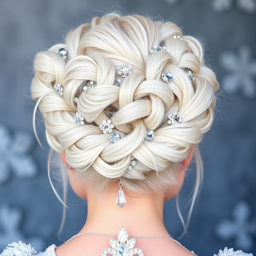Silvery-white hair styled in an elaborate updo with intricate braids and twists forms the regal "Ice Queen's Crown" look, incorporating delicate crystal and diamond accessories woven throughout the textured style, creating a majestic and frost-inspired appearance fit for royalty