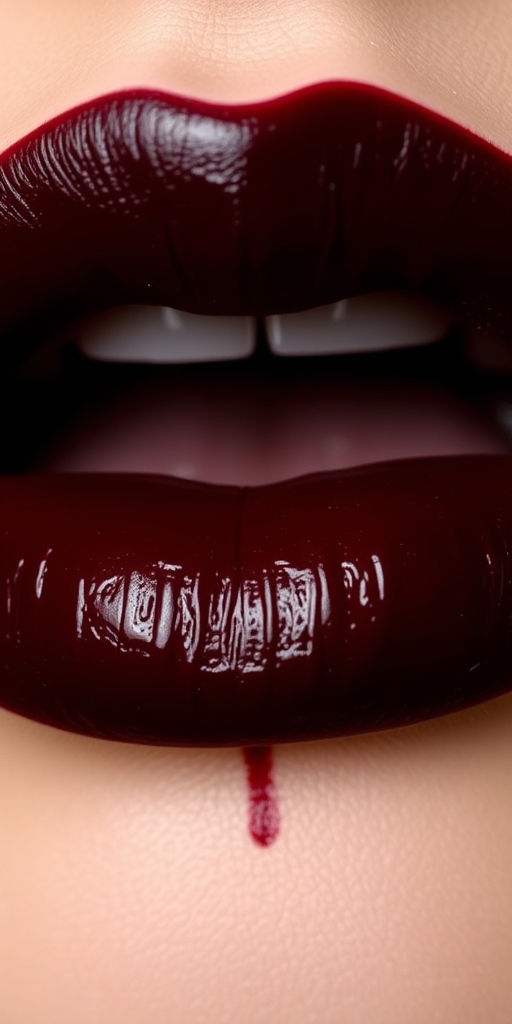 Black cherry lip stain named "Gothic Romance," delivering a deep, vampy color that fades to a flattering burgundy tint