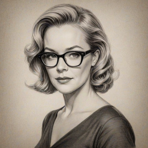Graceful Rachael Harris, pencil sketch, portrait of Ravishing woman 1951s in glasses, hair style beatnik, outline, clear lines, fine lines, 8k