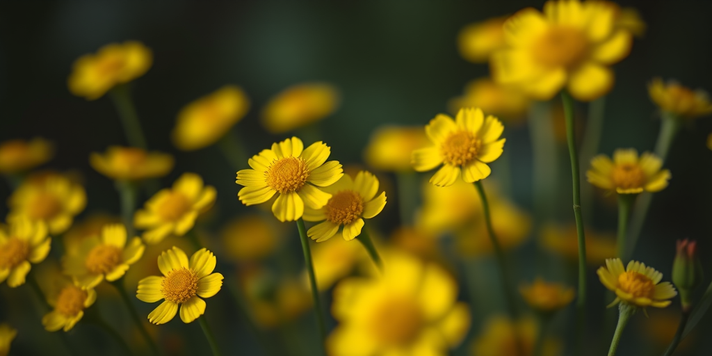 Create a vibrant close-up of a field of hexagonal-shaped yellow flowers against a dark background, using a Canon EOS R5 with a 50mm f/1.2 lens, aperture set to f/2.8, ISO 100, and a shutter speed of 1/200s for enhanced clarity and depth of field.