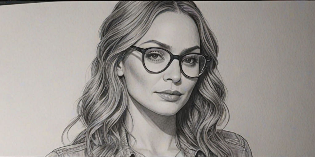 Ravishing Drea de Matteo, pencil sketch, portrait of Fascinating woman 1931s in glasses, hair style beatnik, outline, clear lines, fine lines, 8k