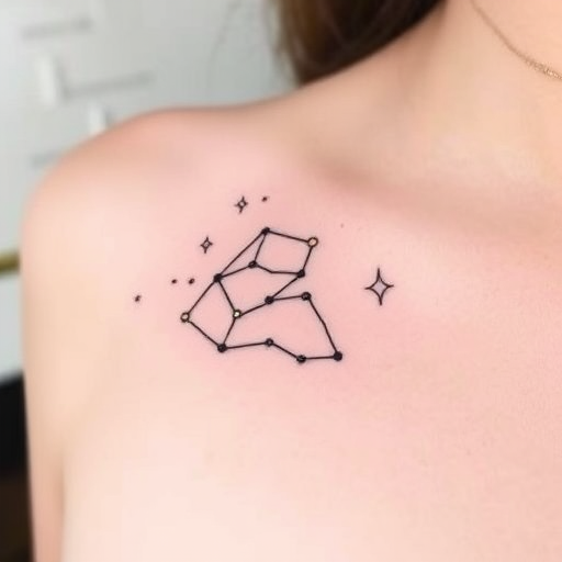 Minimalist line art tattoo named "Celestial Whisper" featuring delicate, continuous lines forming constellations and cosmic elements, with subtle pops of metallic gold ink for added ethereal charm